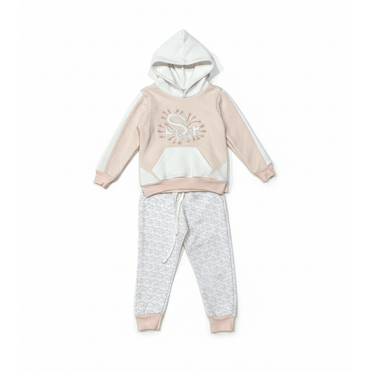 Star Pink White Textured Tracksuit - Miniwears