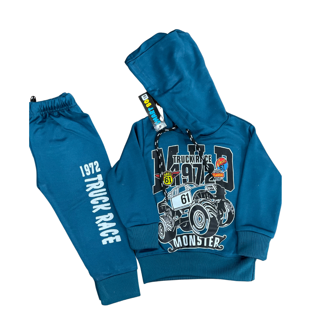 Kids Truck Race Blue Track Suit (Fleece) - Miniwears