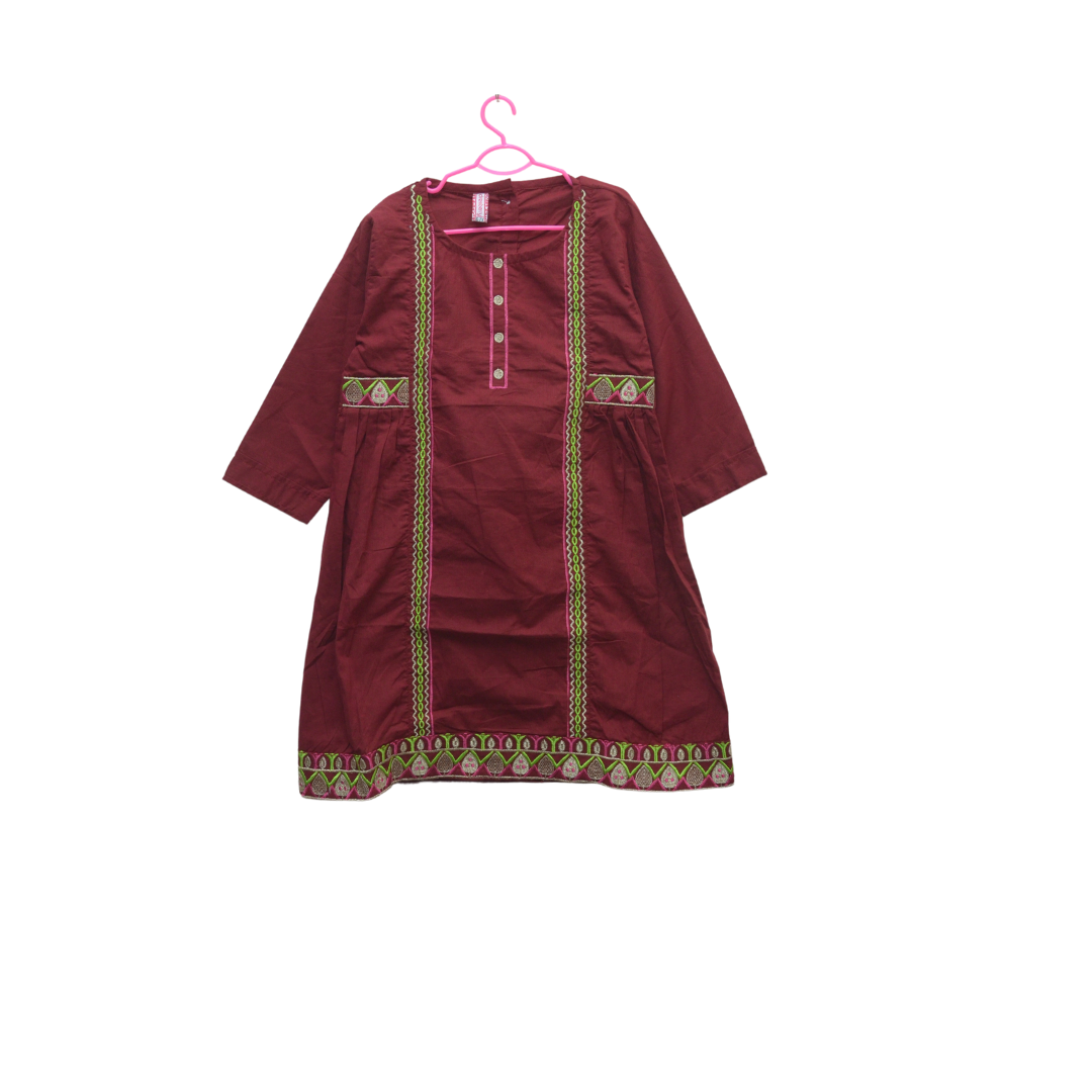 Girls Mahroon Red Emb Kurti - Miniwears