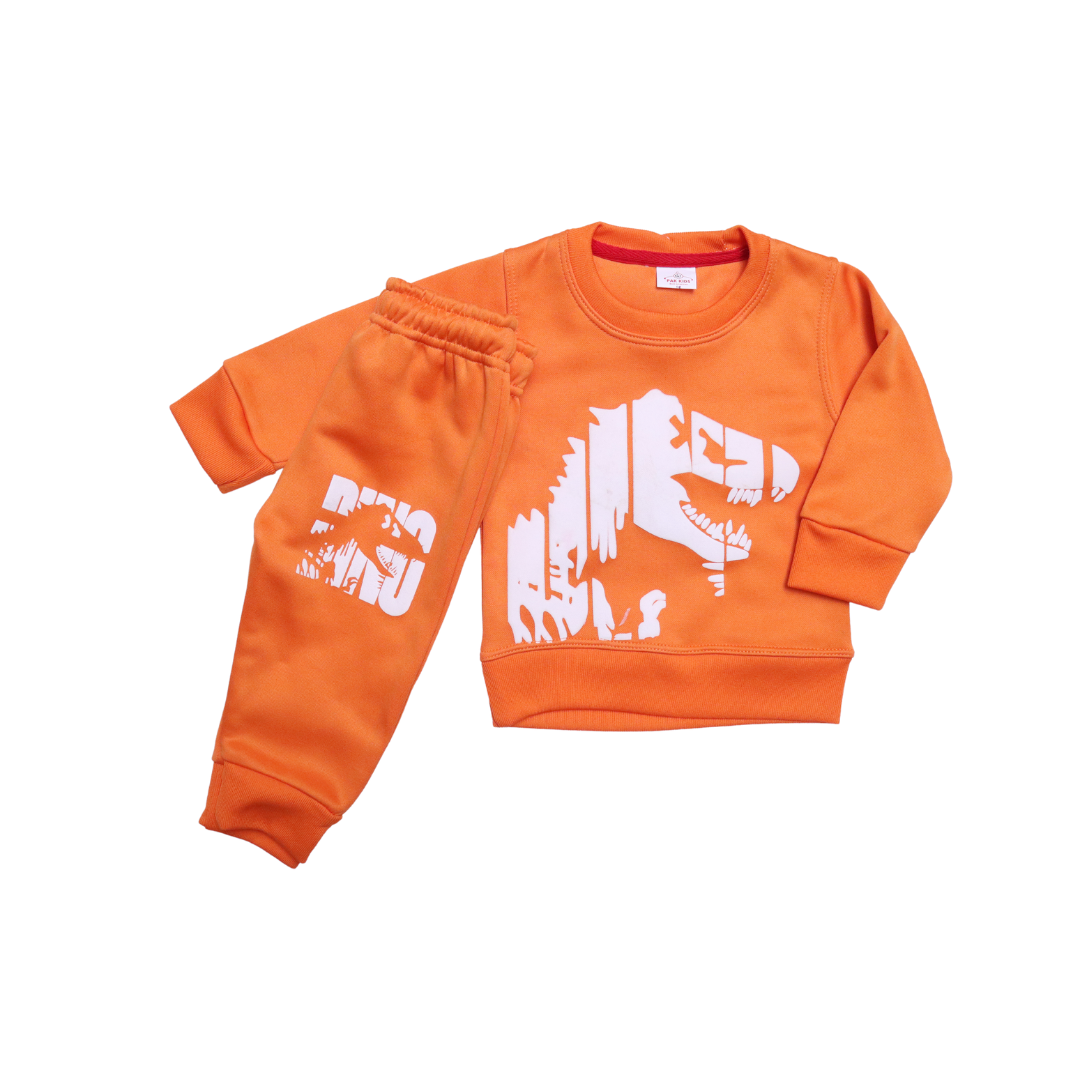 Orange Dino 3d Printed Tracksuit (Fleece) - Miniwears