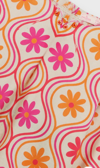Close-up of a fabric with pink and orange floral patterns on a white background