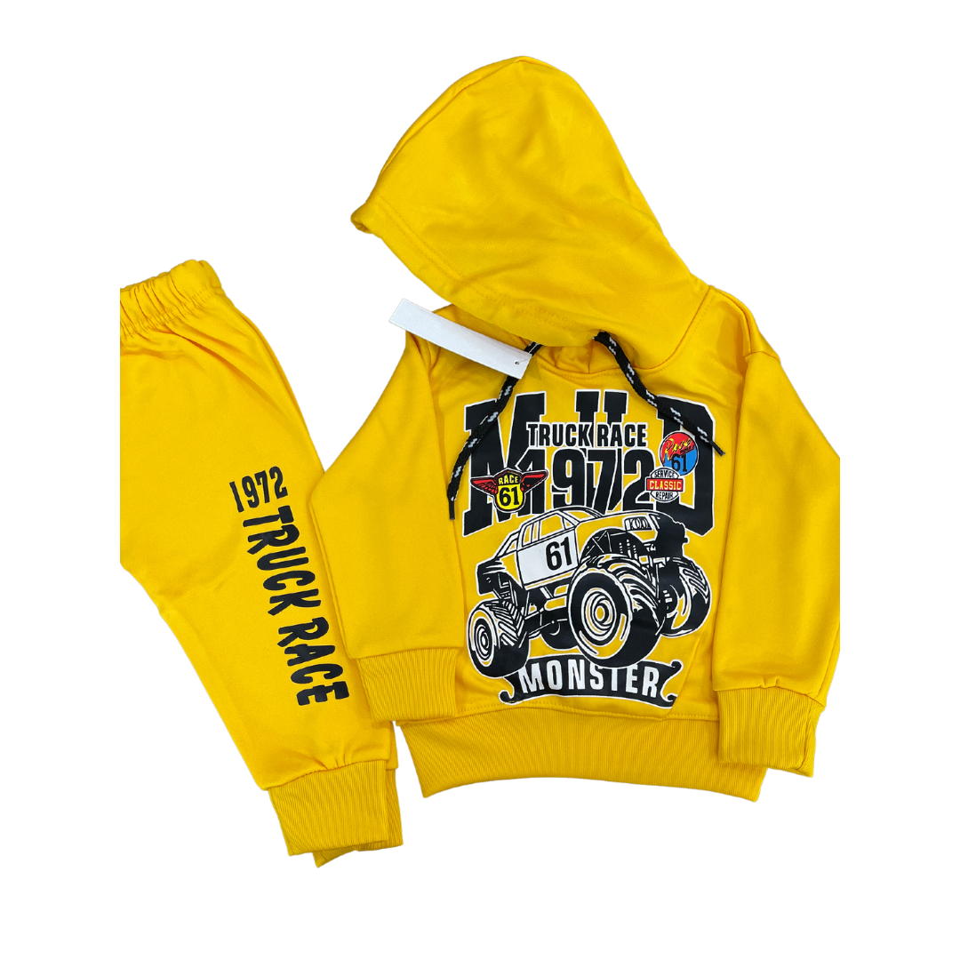 Kids Truck Race Yellow Track Suit (Fleece) - Miniwears