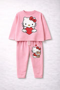 Pink children's pajama set with Hello Kitty design on a white background