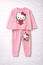 Pink children's pajama set with Hello Kitty design on a white background