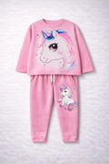 Pink children's pajama set with unicorn design on a light gray background
