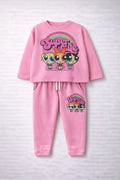 Pink children's pajama set with cartoon characters on a white background