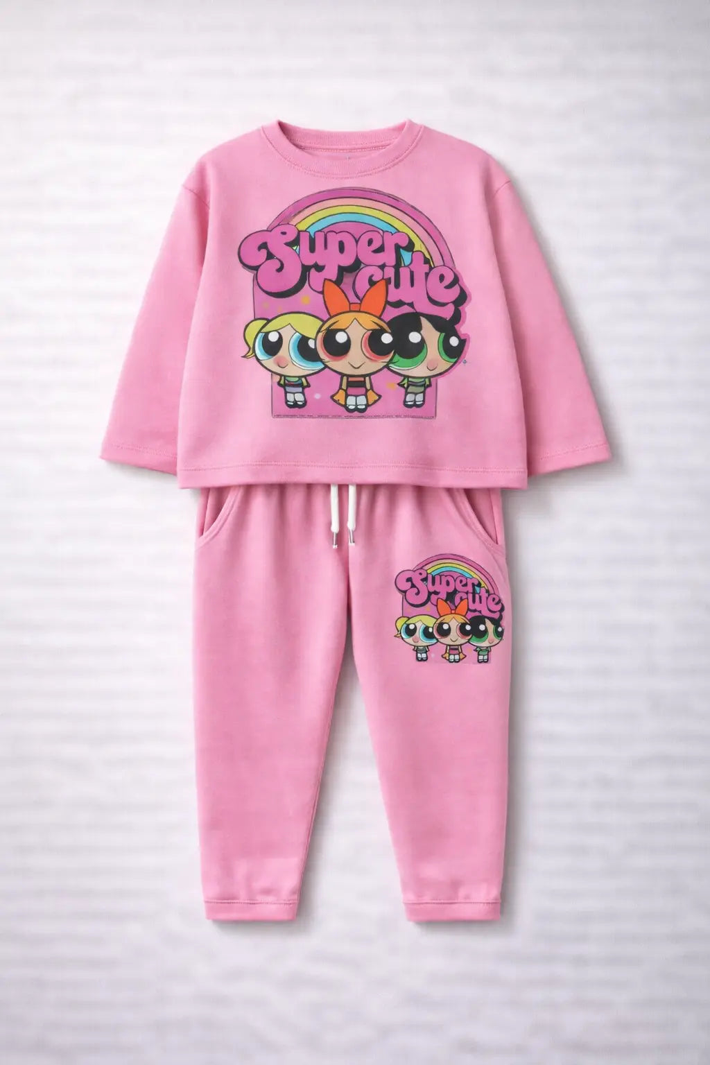 Pink children's pajama set with cartoon characters on a white background