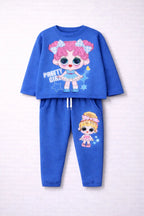 Blue children's outfit with cartoon character design on a white background