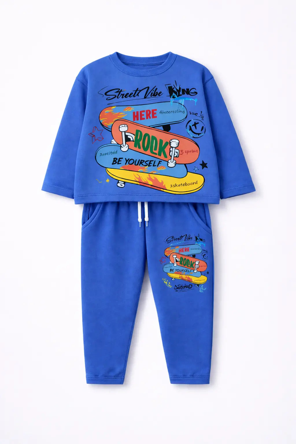 Blue children's outfit with colorful graphics on a white background