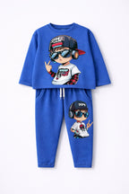 Blue children's outfit with cartoon character on a white background