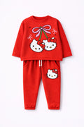Red children's outfit with Hello Kitty graphics on a white background