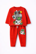 Red children's pajama set with game console design on a white background