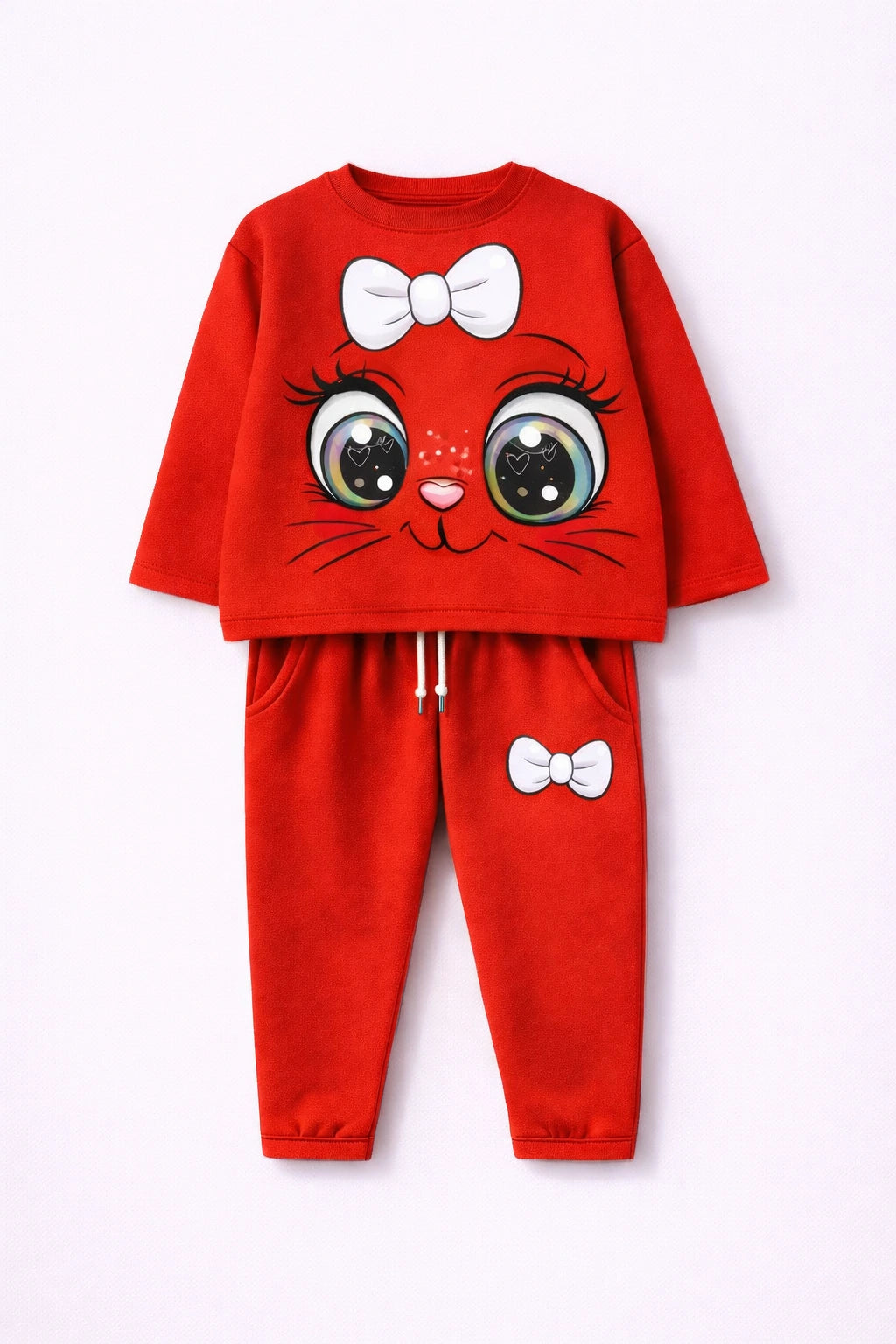 Red children's outfit with cartoon face design on a white background