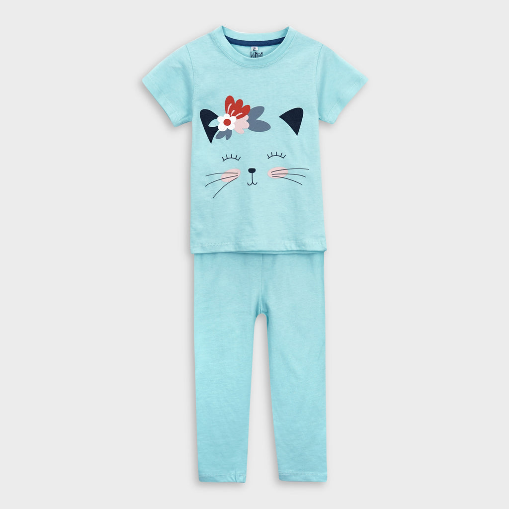 Blue Kitty T-Shirt & Trouser Set