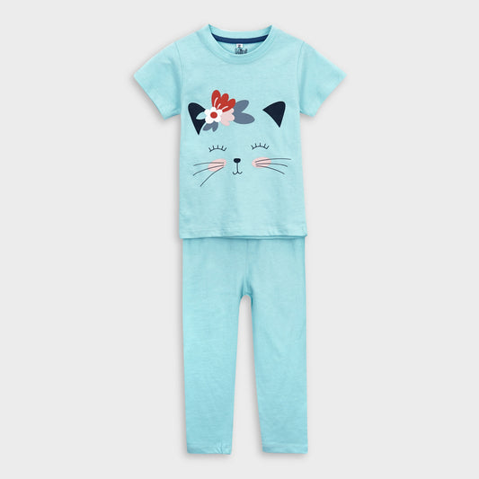 Blue Kitty T-Shirt & Trouser Set