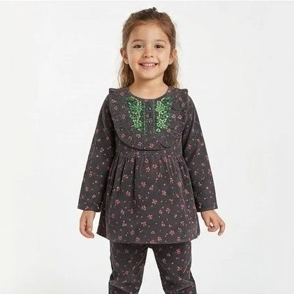 Girls Flower Pattern Dark Maroon Kurti