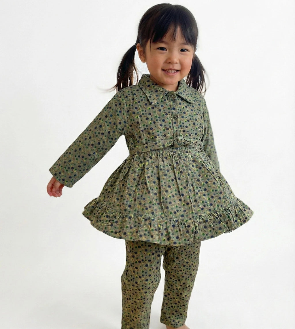 Girls Polka Dotted Olive Green Kurti Set