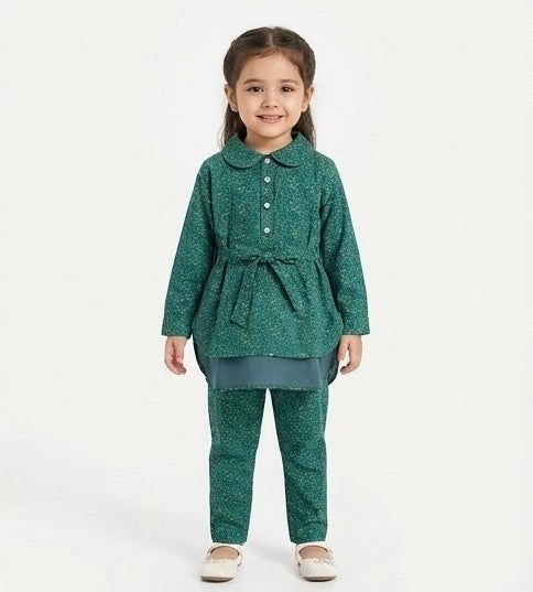 Girls Abstract Pattern Sea Green Kurti Set