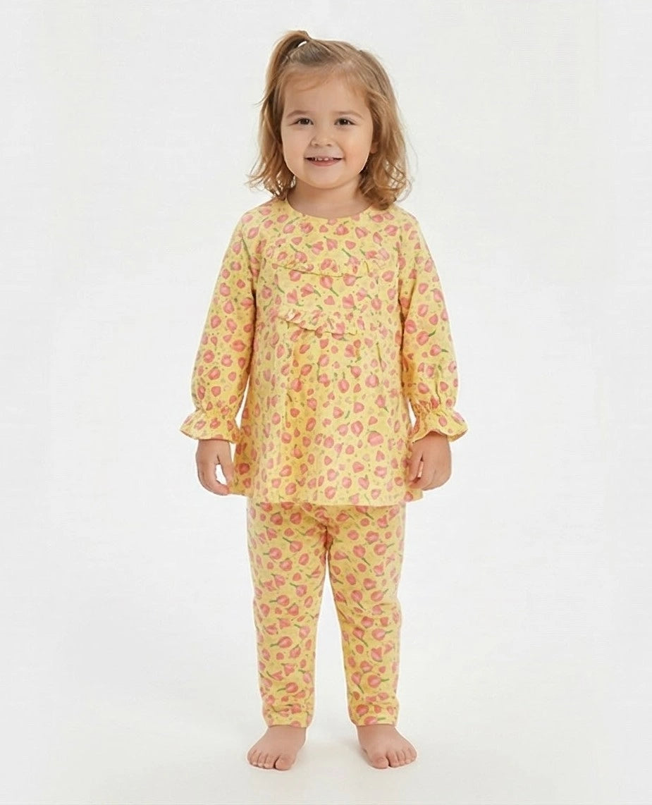 Girls Flower Pattern Light Green Kurti Set