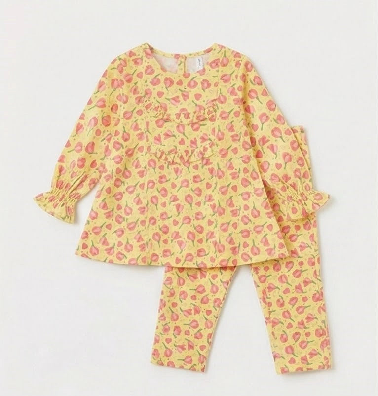 Girls Flower Pattern Light Green Kurti Set