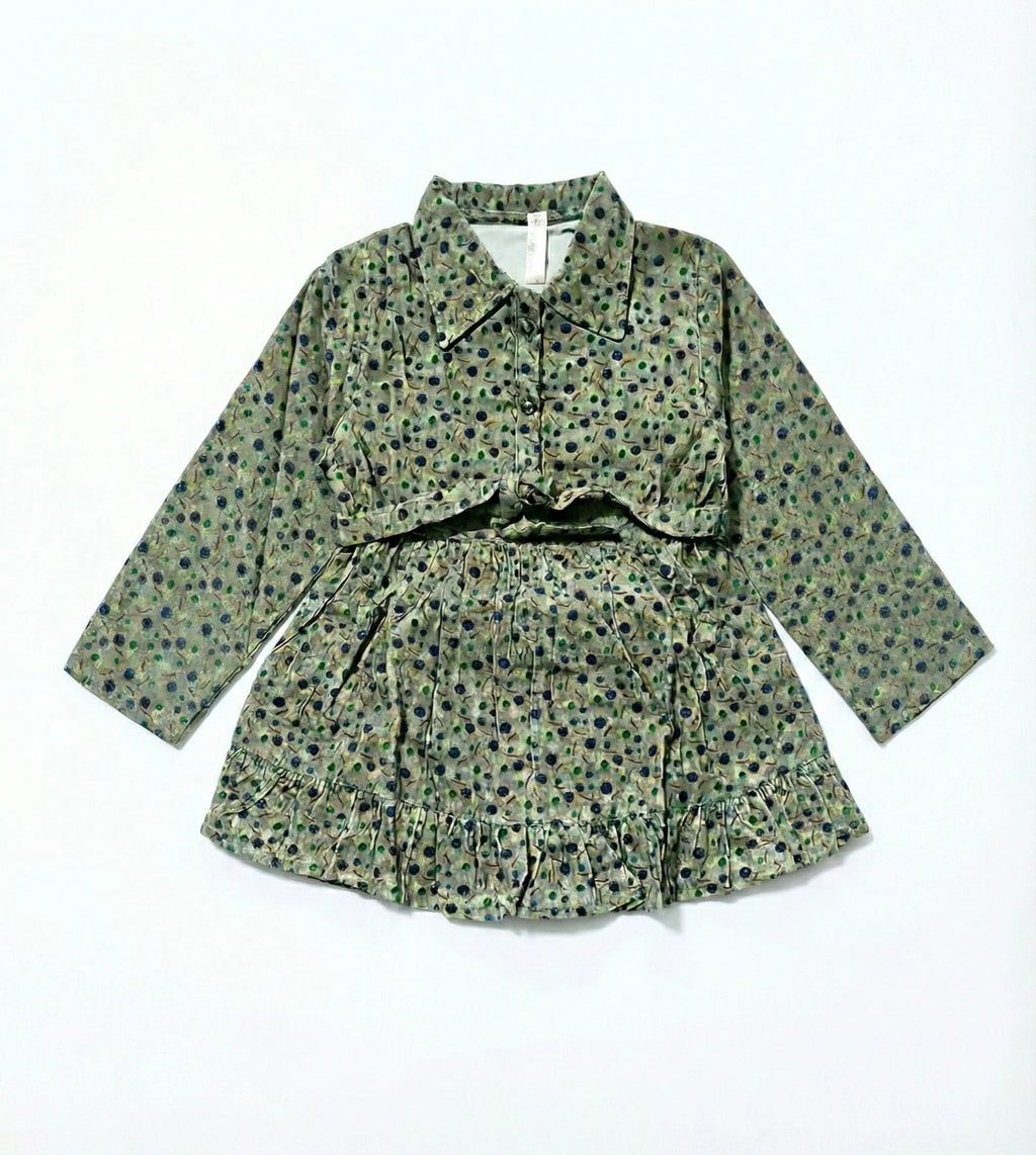 Girls Polka Dotted Olive Green Kurti Set