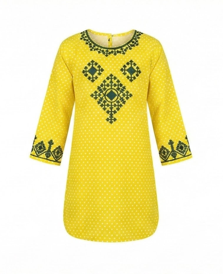 Girls Embroided Neck Yellow Kurti