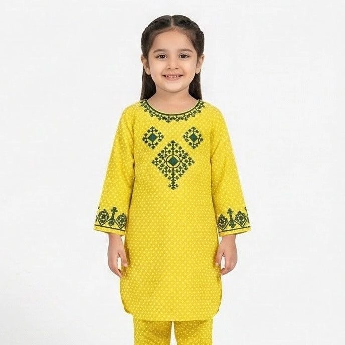 Girls Embroided Neck Yellow Kurti