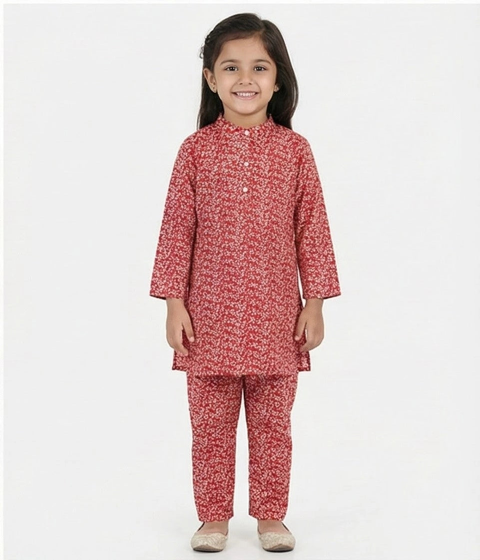 Girls Flower Pattern Red Kurti Set