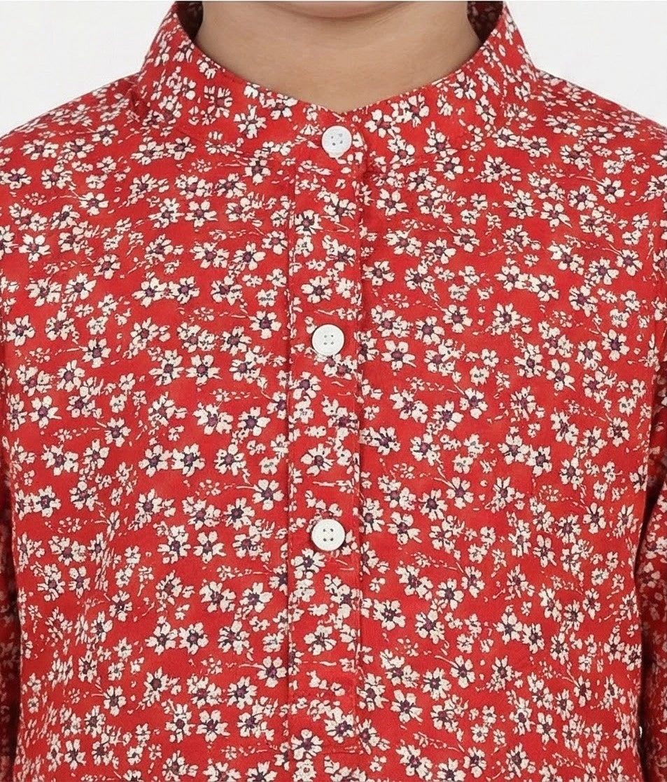 Girls Flower Pattern Red Kurti Set