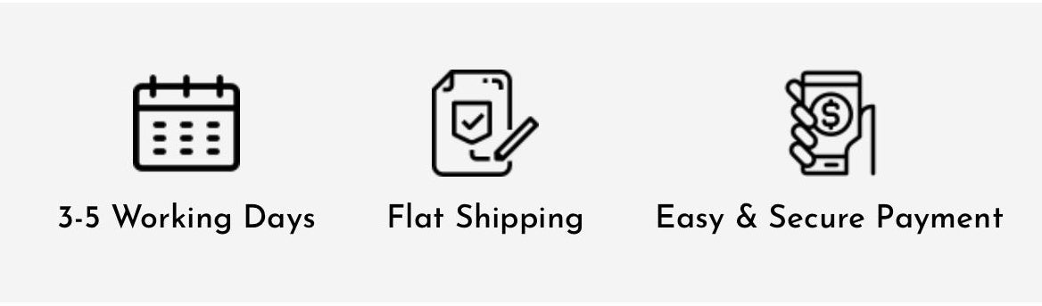 Icons and text indicating 3.5 working days, flat shipping, and easy & secure payment on a white background.