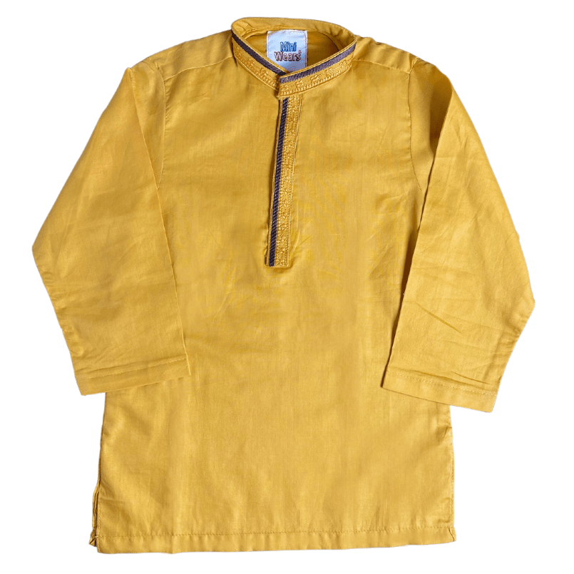 Boys Cotton Embroidered Yellow Kurta with white trouser - Miniwears