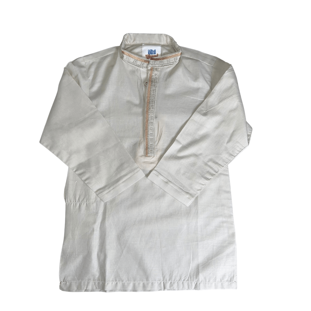 Boys Embroidered off white Cotton Kurta with white trouser - Miniwears