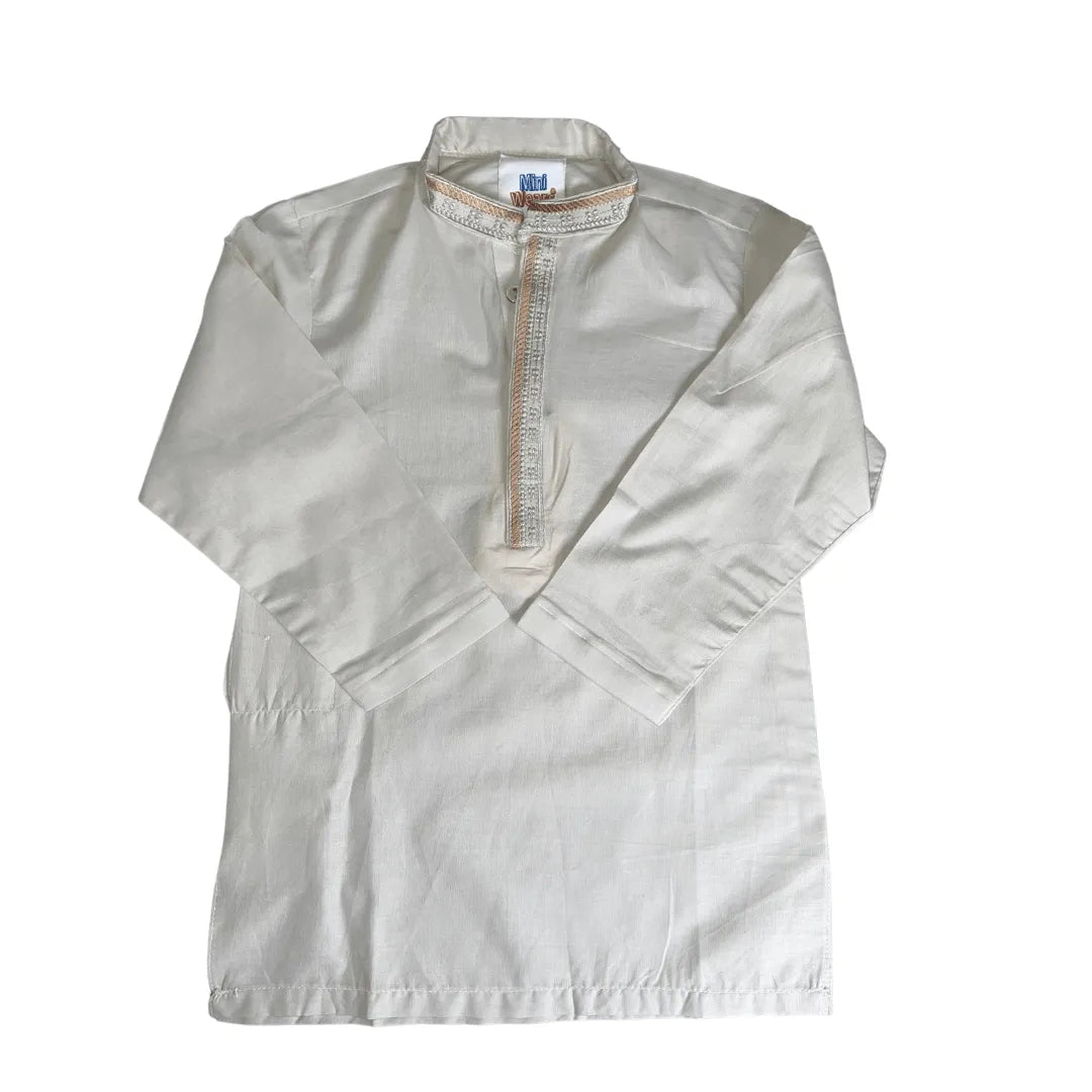 Boys Embroidered off white Cotton Kurta with white trouser - Miniwears