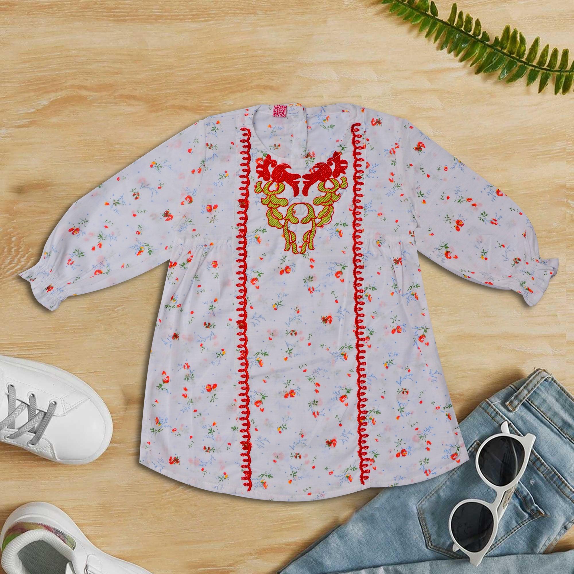Girls White Cotton Kurti - Miniwears