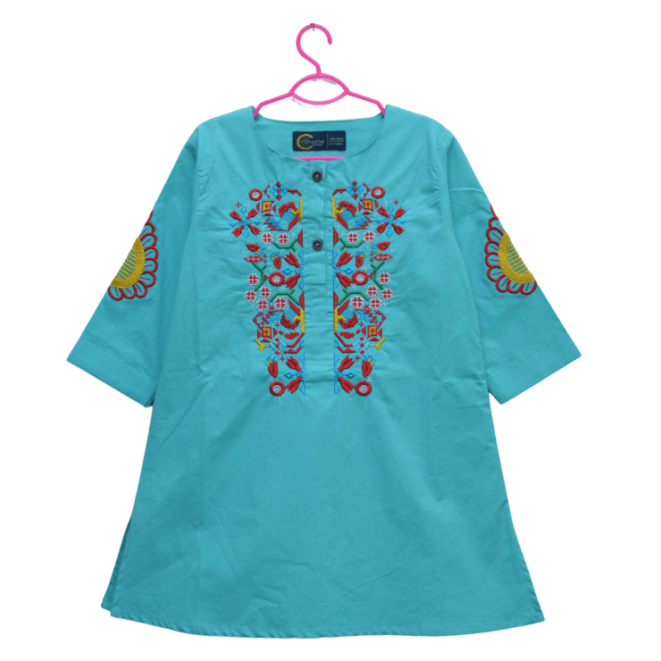 Girls Light Blue Red Embroided Kurti - Miniwears