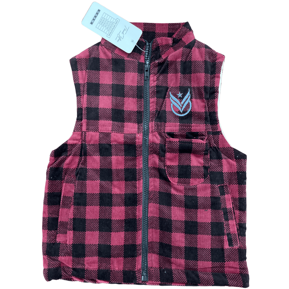 Kids Red Black Sleeveless Jacket (cordroy) - Miniwears