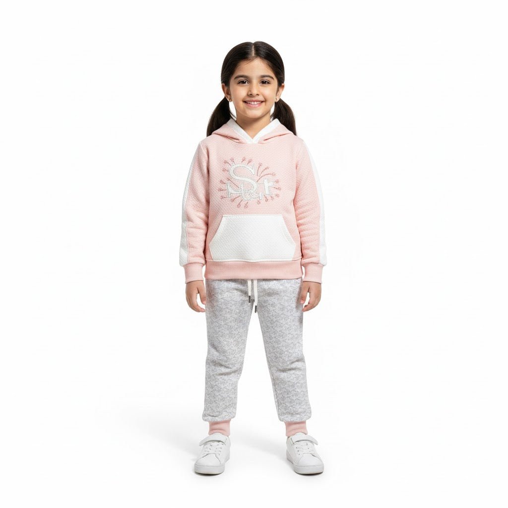Star Pink White Textured Tracksuit - Miniwears